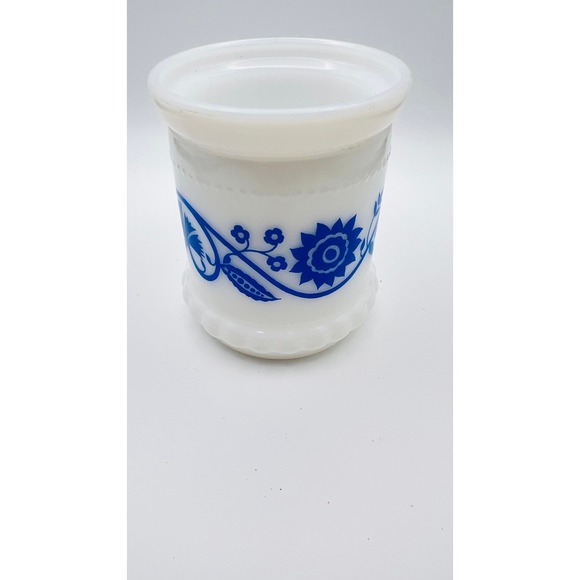 Other - Vintage Milk Glass Blue Floral Toothbrush Holder Vanity Jar Scalloped Base